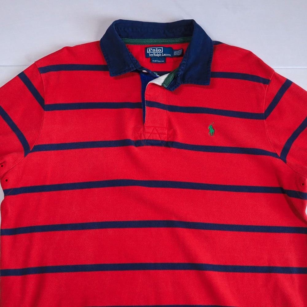 Polo Ralph Lauren Custom Fit Rugby Polo Shirt Men XXL Red Navy Stripe Green Pony - Picture 5 of 8
